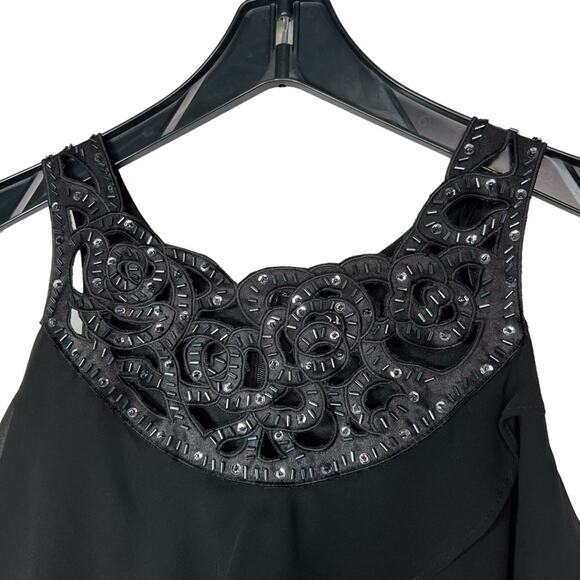 Black Sequin Beaded Yoke Tiered Sleeveless Dress Size 10 - Picture 2 of 11